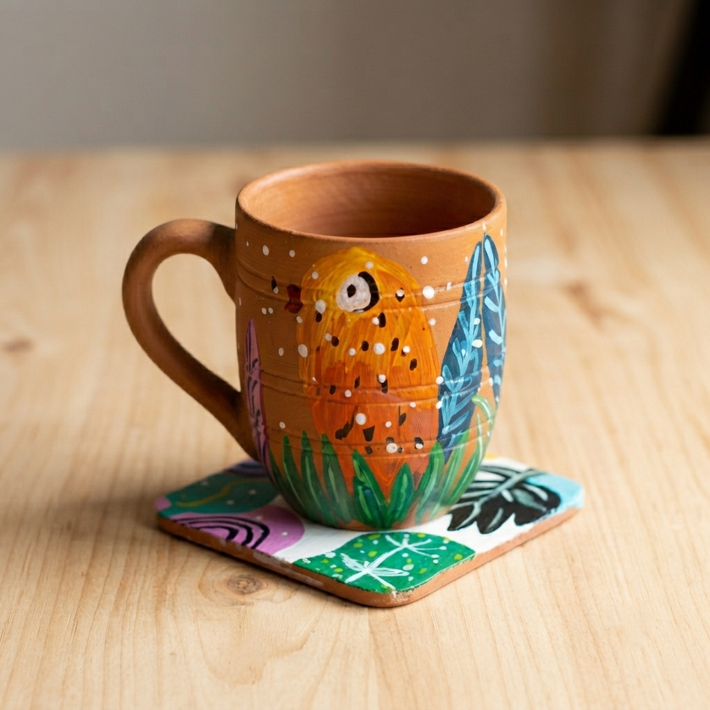 Handpainted Terracotta Cup with coaster